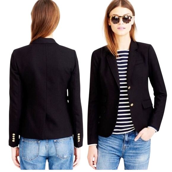 J Crew Schoolboy Blazer Jacket Wool Blend Gold Crest Buttons Black Womens 8 - Picture 2 of 11